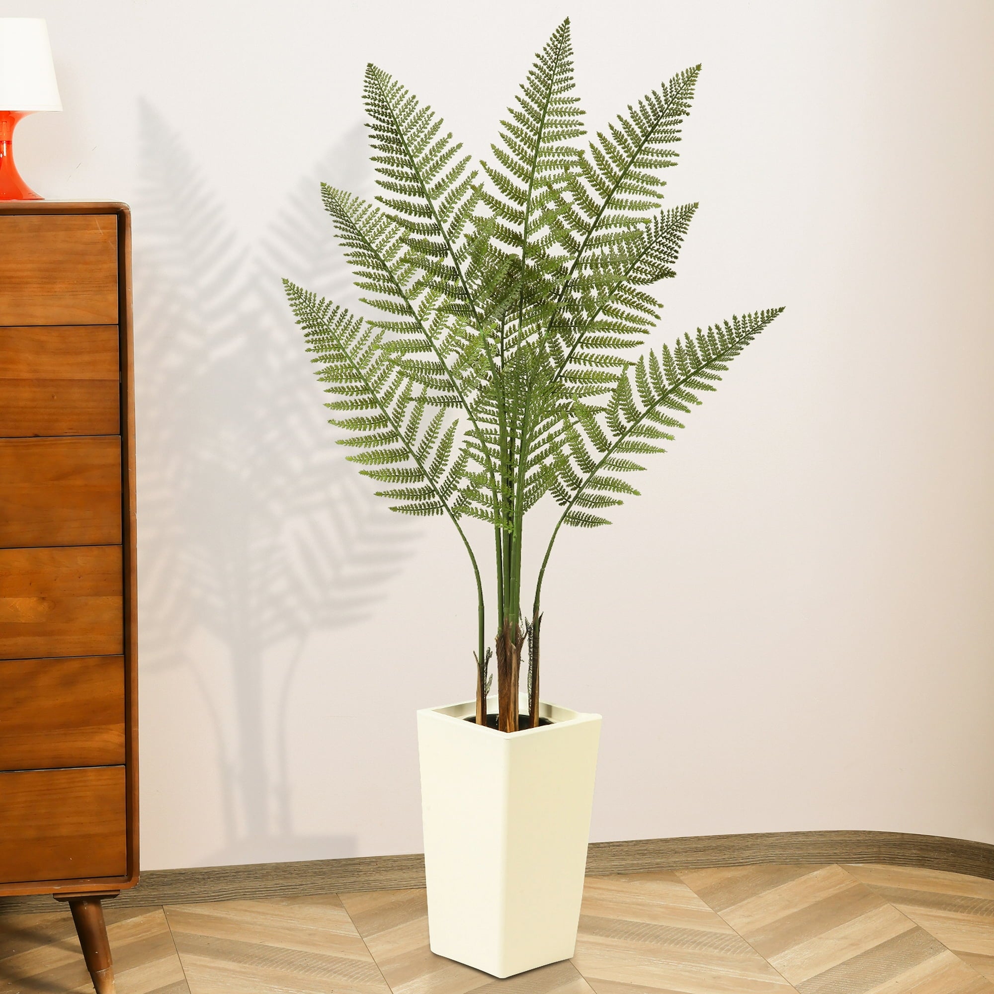 Artificial Fern Plant 5 FT, Faux Fern Tree in White Taper Planter with River Rock, Tall Fake Fern Trees with Adjustable Branches for Indoor Home Decor, Office, Pet-Friendly Spaces