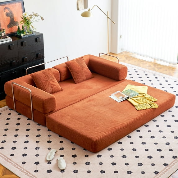 YINIX 81.6" King Size Convertible Sleeper Sofa Bed with 2 Pillows, Removable Floor Sofa Couch for Living Room Small Spaces, Orange