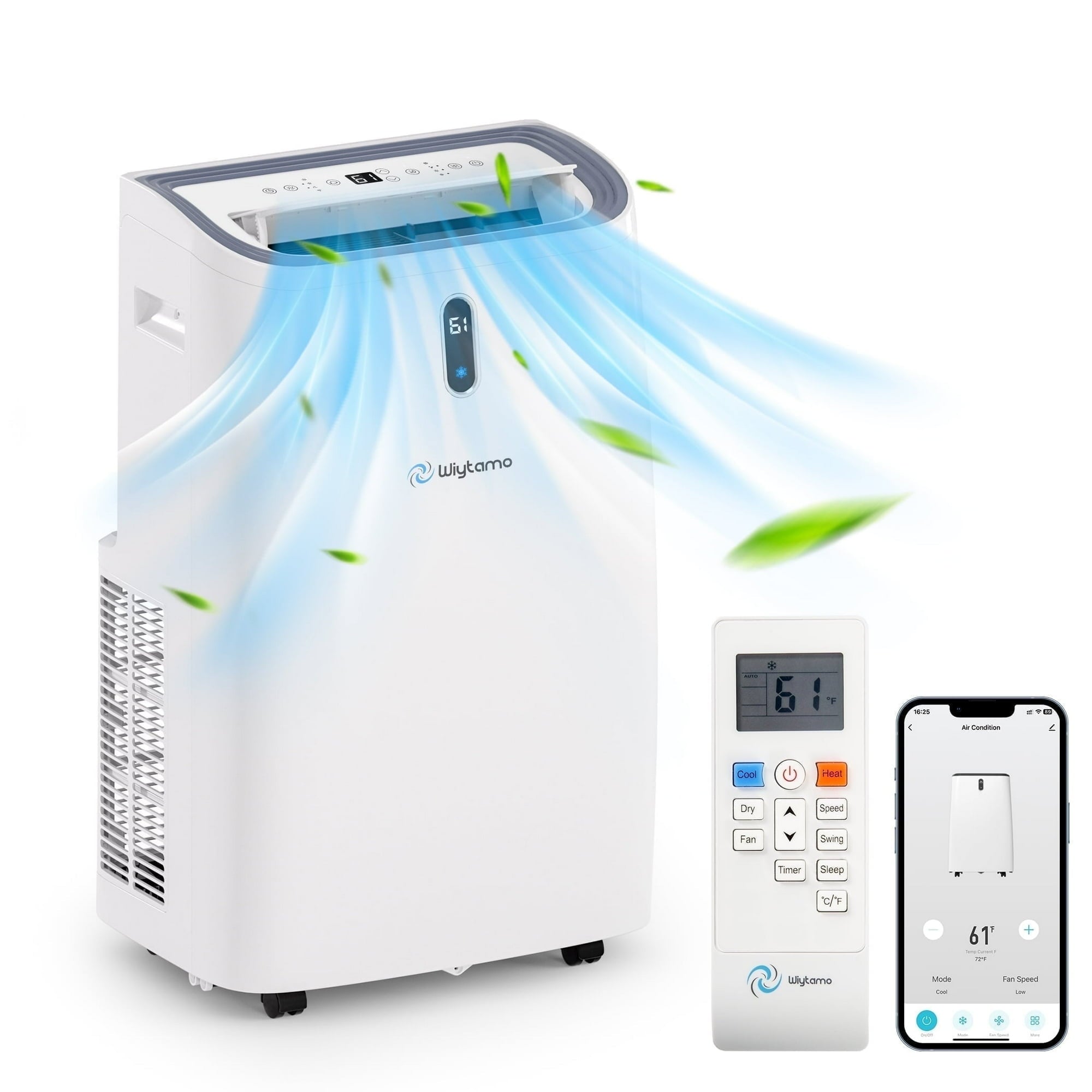 14,000 BTU Portable Air Conditioner up to 700 Sq.Ft.with Heating, Wifi Enabled, Remote Control, Auto Swing（White）
