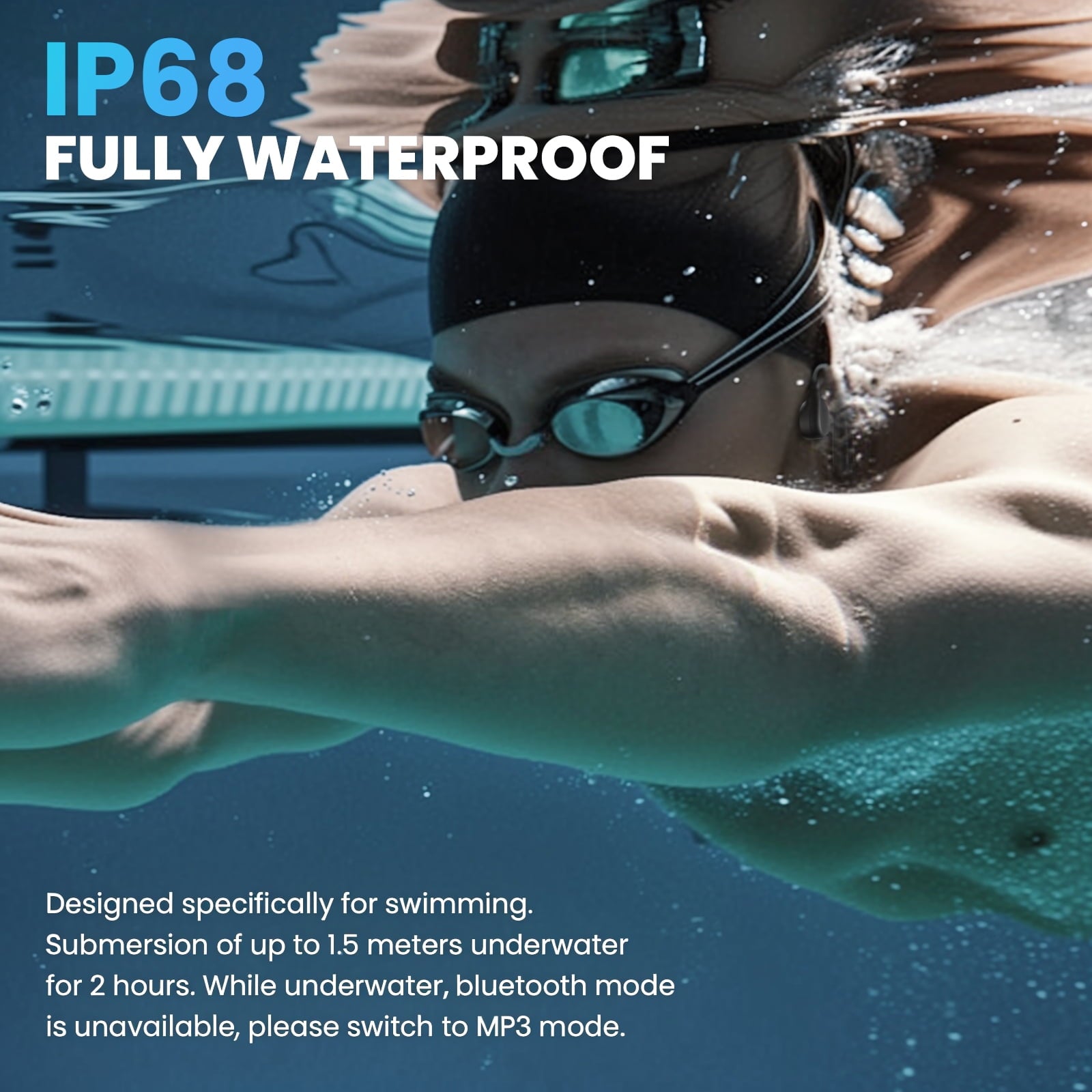 Bluetooth 5.3 Headphones AUOSHI IP68 Bone Conduction Swim Headphones 32G MP3 Player for Workout - Open Ear Wireless Bluetooth Headsets, with Earplug, Black
