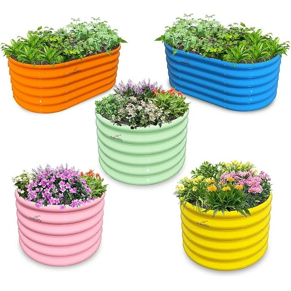5-Pack 18in Tall Kids Raised Garden Beds Outdoor, 40x24in Oval & 24x24in Round Galvanized Metal Planter Box for Planting Vegetables, Flowers, Fruits, Eco-Safe & Easy Setup