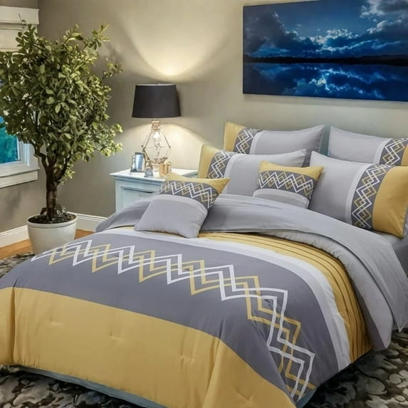 Davulos King Size Comforter Set,6 Pieces Geometric Pattern Yellow King Bed in Bag Set with Comforter, Flat Sheet, Fitted Sheet, 2 Pillowcases & 1 Decorative Pillowcase