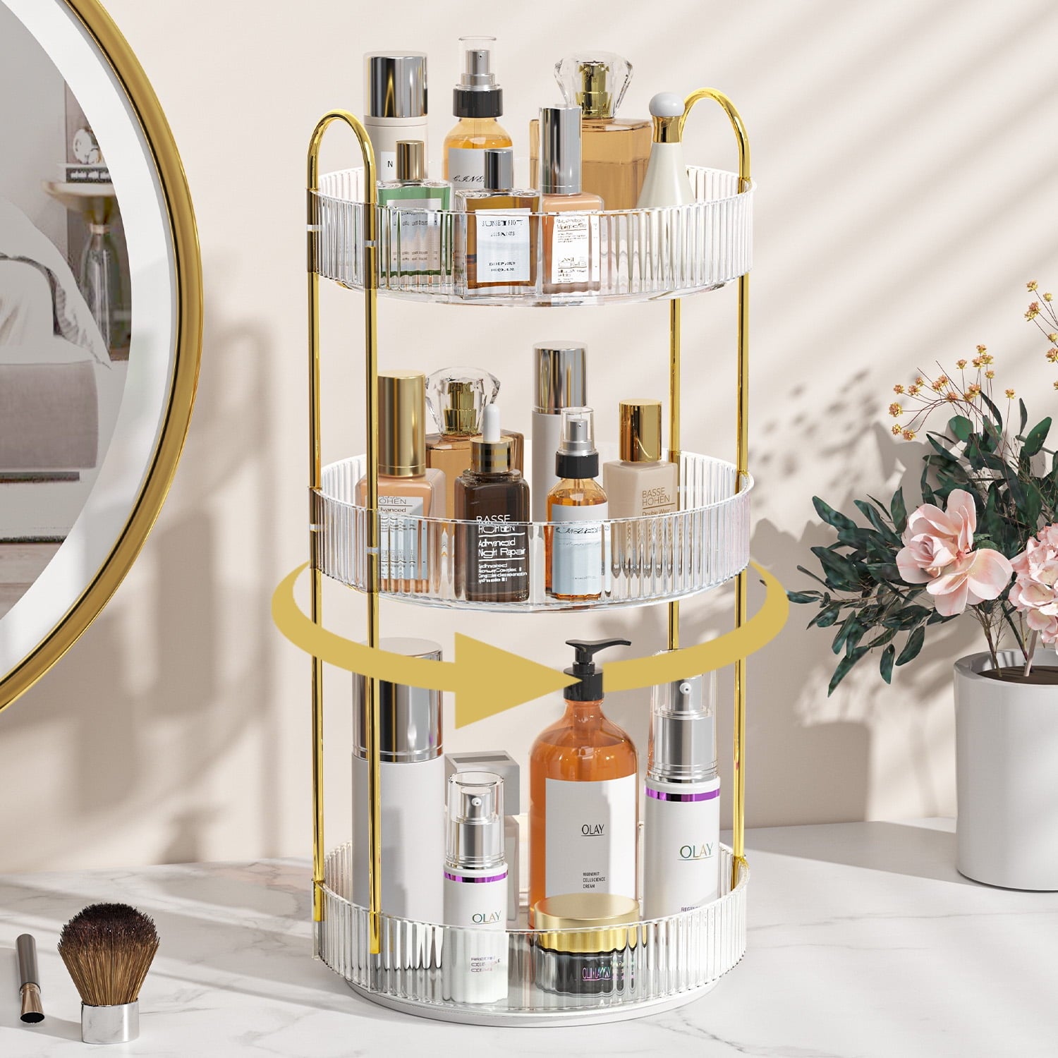 360° Rotating Makeup Organizer, Bathroom Makeup Holder, 3 Tiers Large Capacity Storage Shelf, Clear