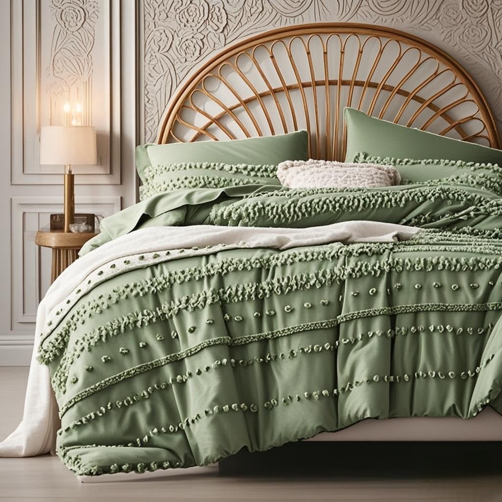 7 Pieces King Size Comforter Set, Sage Green Tufted Boho Shabby Chic Bed in a Bag Comforter and Sheet Set, Soft Microfiber Lightweight Bedding Set for All Season (Green,King)