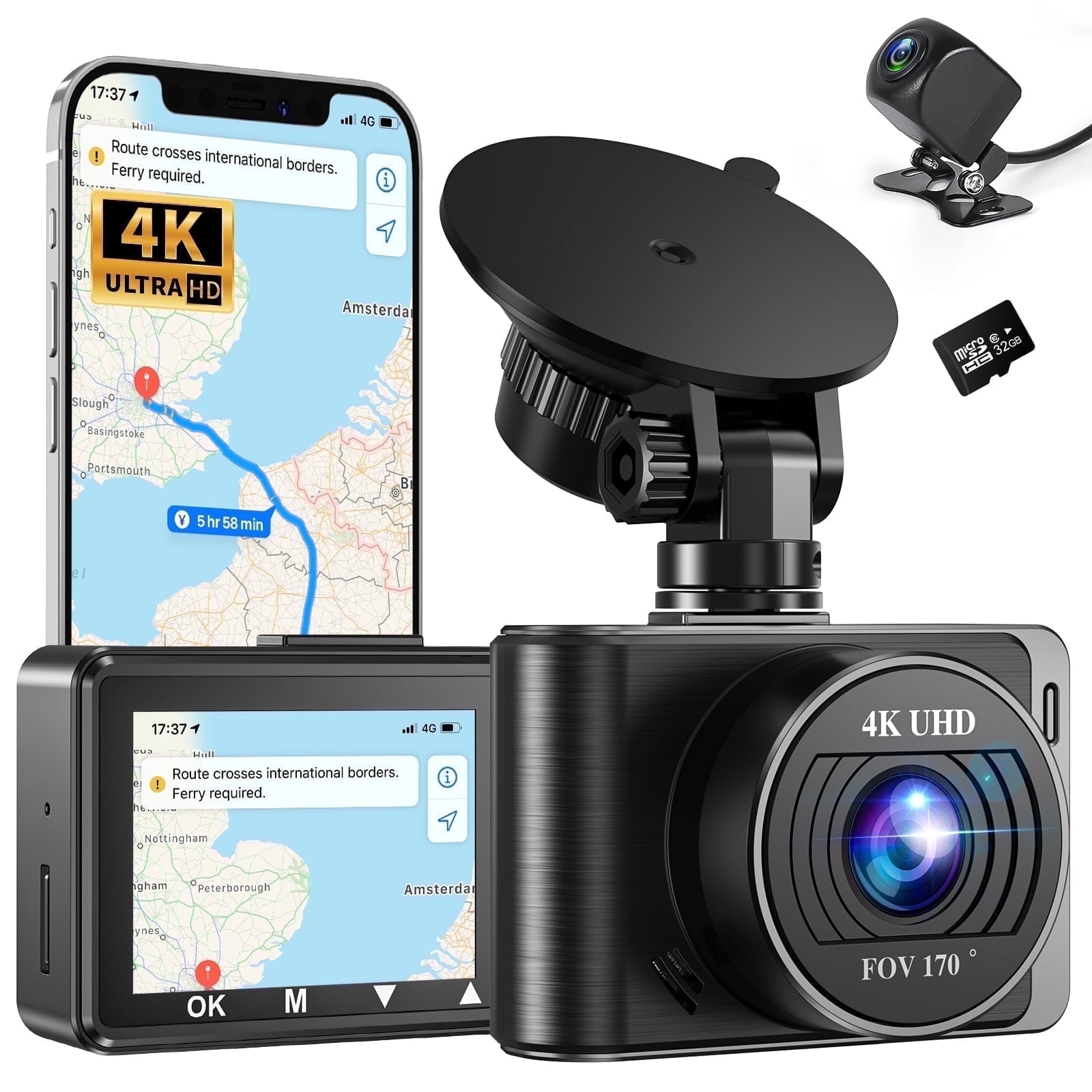 AUOSHI Dash Cam Front and Rear, 4K+1080P Full HD Car Camera, 2” IPS Screen, Free 32GB Card, Built-in Wi-Fi, Night Vision, WDR, Loop Recording, G-Sensor, Parking Mode, Easy Install