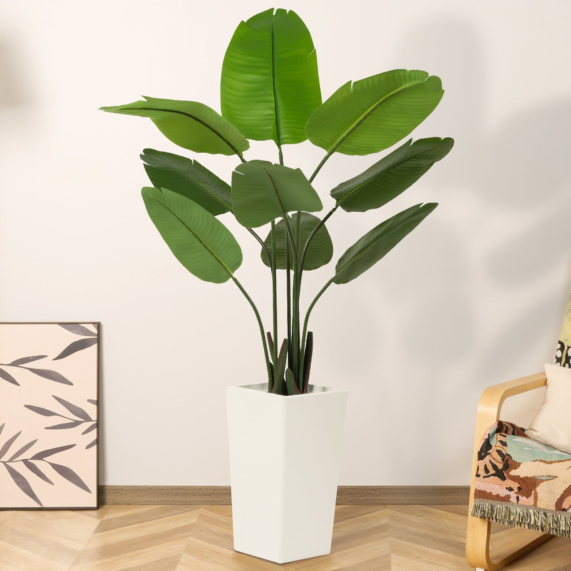 Artificial Bird of Paradise Plant 5 FT， Faux Tree in White Taper Planter with River Rock, Tall Fake Trees with Adjustable Branches for Indoor Home Decor, Office, Pet-Friendly Spaces