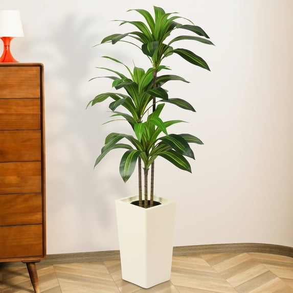Artificial Dracaena Plant 5 FT， Faux Dracaena Tree in White Taper Planter with River Rock, Tall Fake Trees with Adjustable Branches for Indoor Home Decor, Office, Pet-Friendly Spaces
