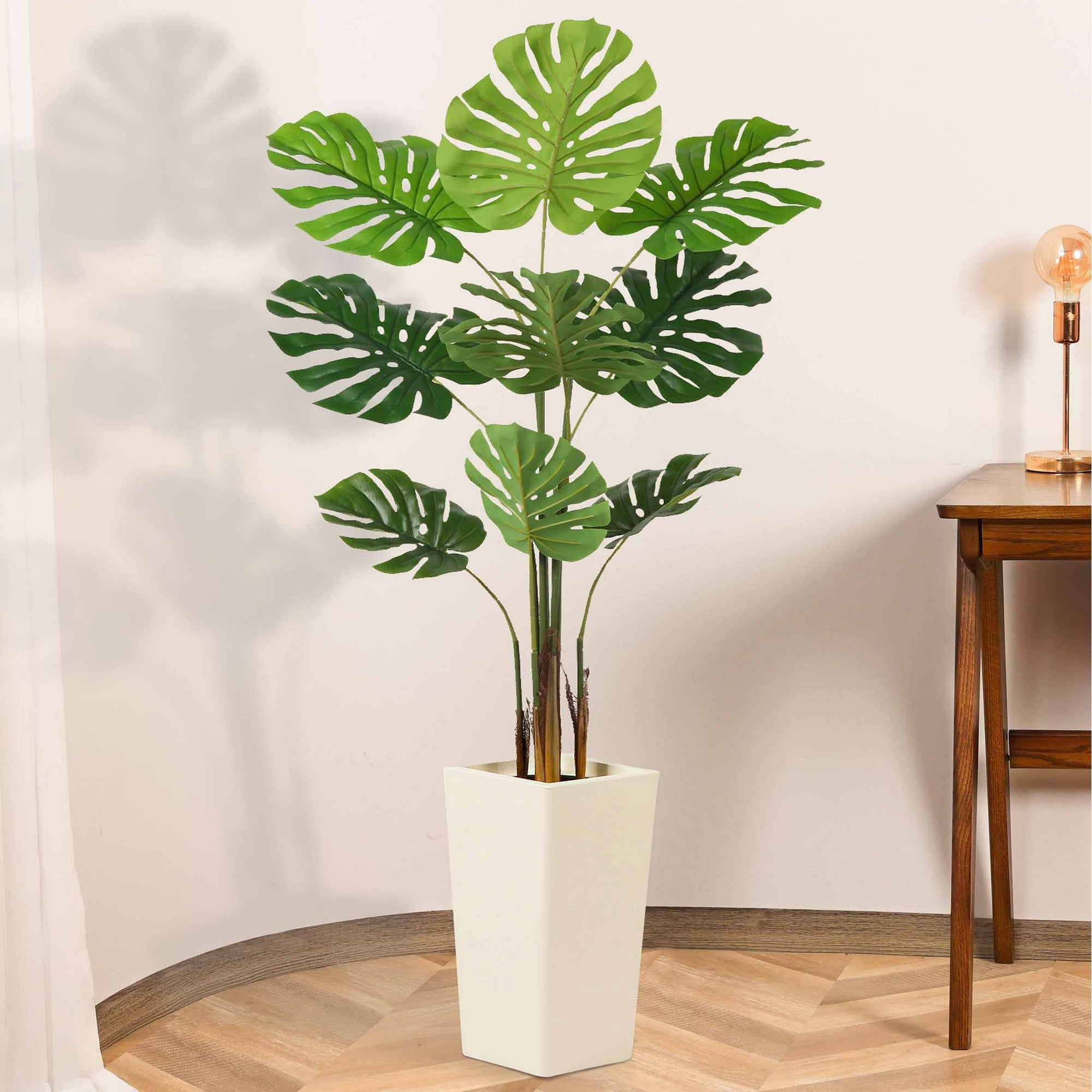"Artificial Monstera Plant 5 FT， Faux Monstera Tree in White Taper Planter with River Rock, Tall Fake Trees with Adjustable Branches for Indoor Home Decor, Office, Pet-Friendly Spaces "