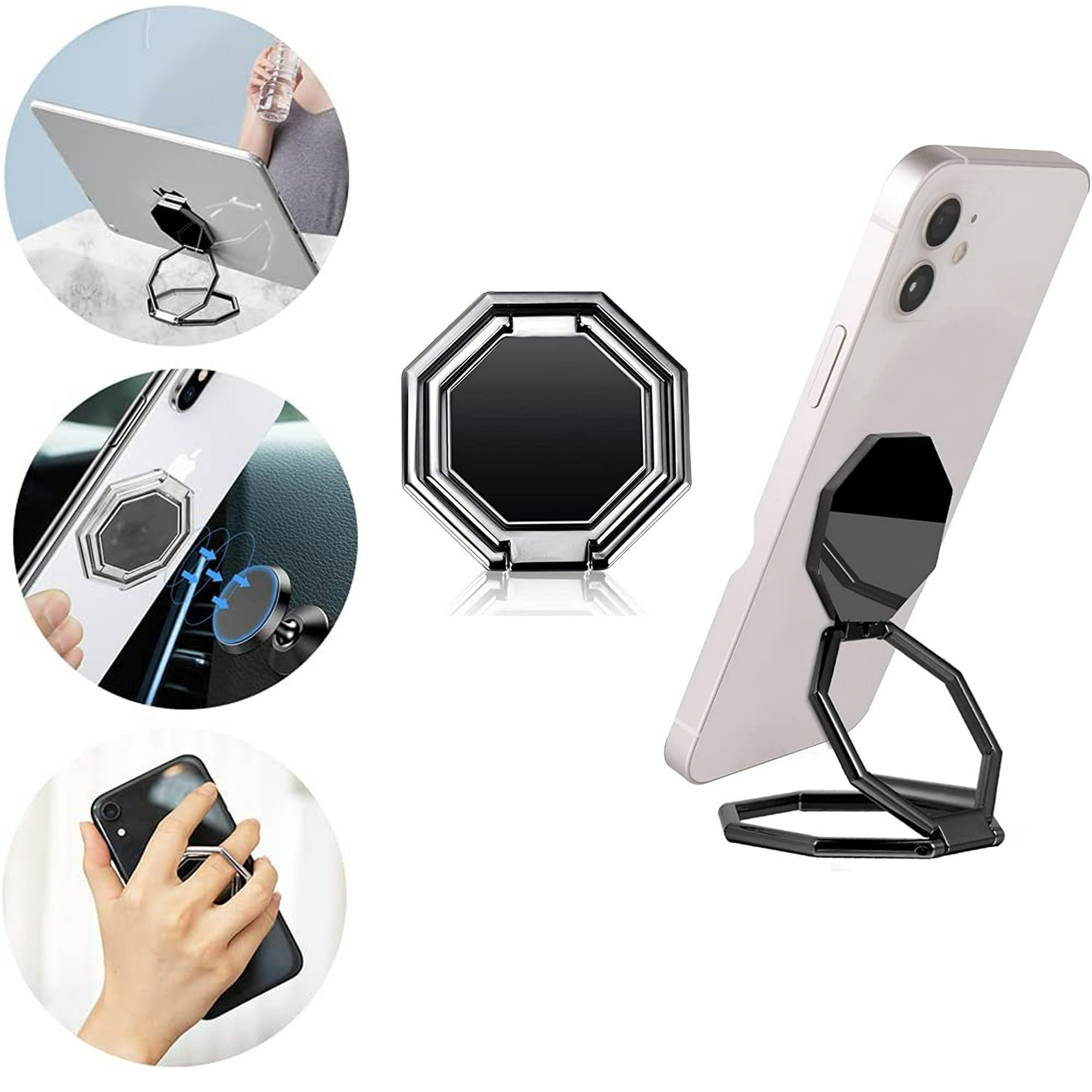 Cell Phone Ring Holder Finger Kickstand,Sherry Foldable 360° Rotation Cellphone Stand for Desk, Office Desktop, Magnetic Car Mount, Metal Multi-Angle for Phone Back Grip (Black)