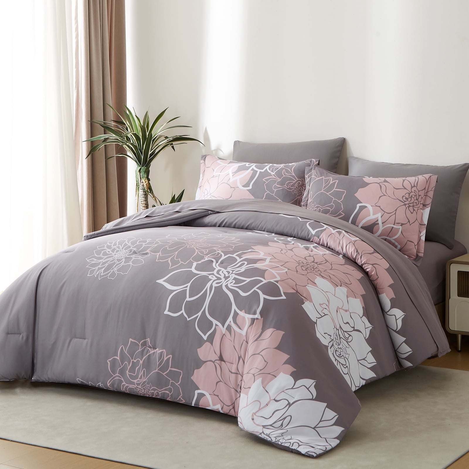Davulos King Comforter Set Grey 7 Pieces Bed in a Bag Pink Floral Bedding Sets Elegant Flower Bed Set Lightweight Comforter for All Season with Flat Sheet, Fitted Sheets, Pillowcases & Shams