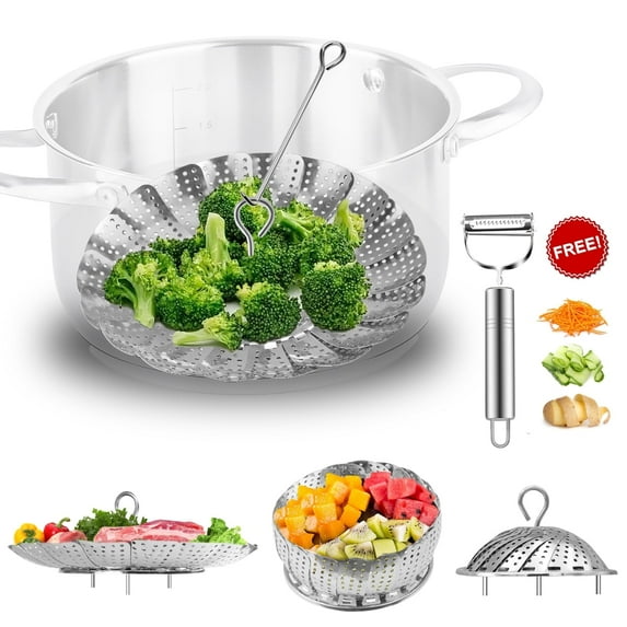 "Vegetable Steamer Basket for Instant Pot Accessories Stainless Steel Steamer for Food with Vegetable Peeler Folding Expandable Steamers to Fit Various Size Pot with Safety Tool for Kitchen Tools "