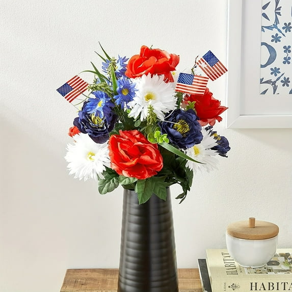 Artificial Flowers,Mixed Bush Memorial Day Flower Red White Blue Flowers Patriotic Memorial Bouquet 4th of July Flowers for Home Decor,Cemetery,Grave Silk Floral Arrangement,Table Entryway Indoor