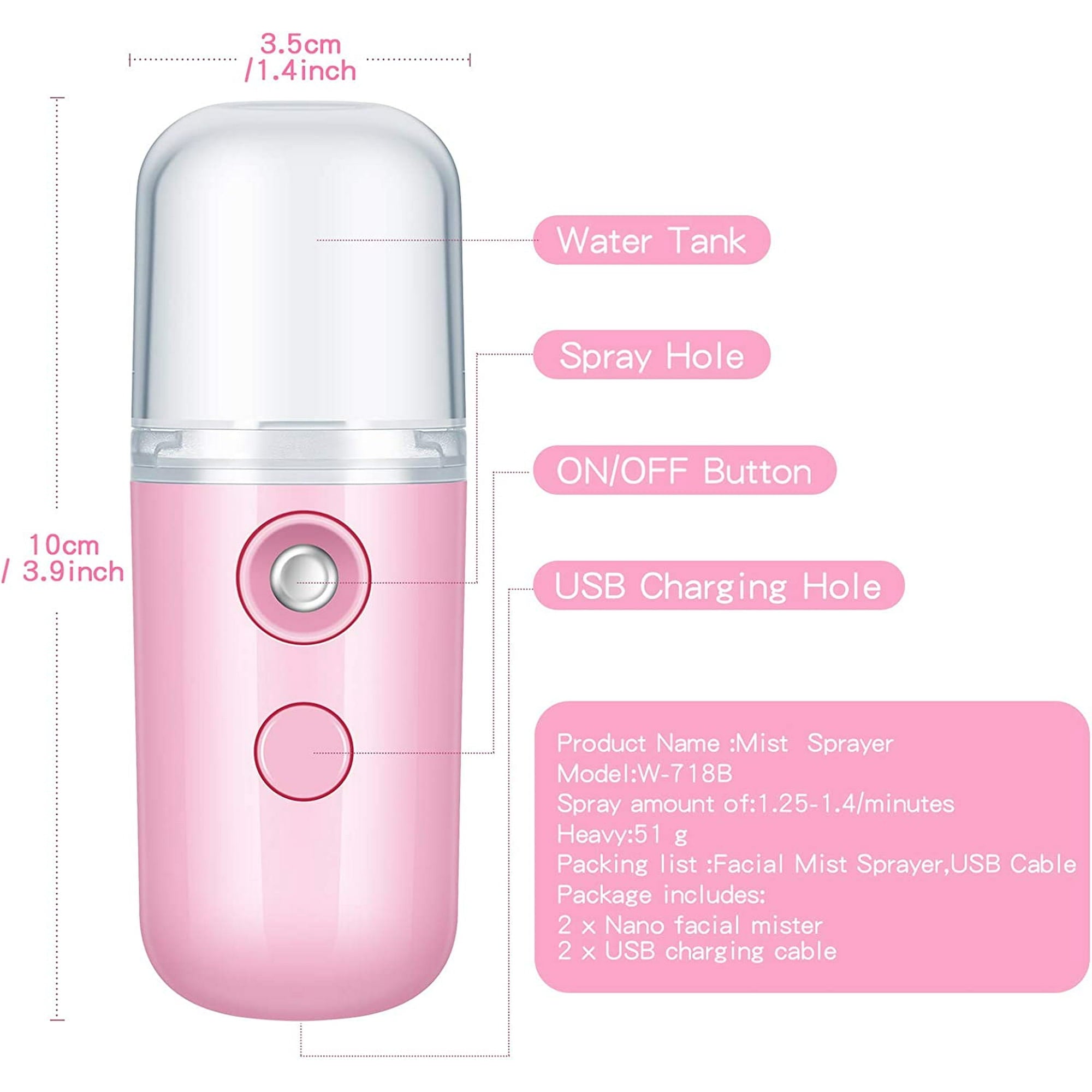 2 Pieces Nano Facial Mister 30 ml Mini Face Humidifier Portable Facial Sprayer USB Rechargeable Handy Skin Care Machine for Face Hydrating, Daily Makeup (Pink and White), 3.9x1.4 inch