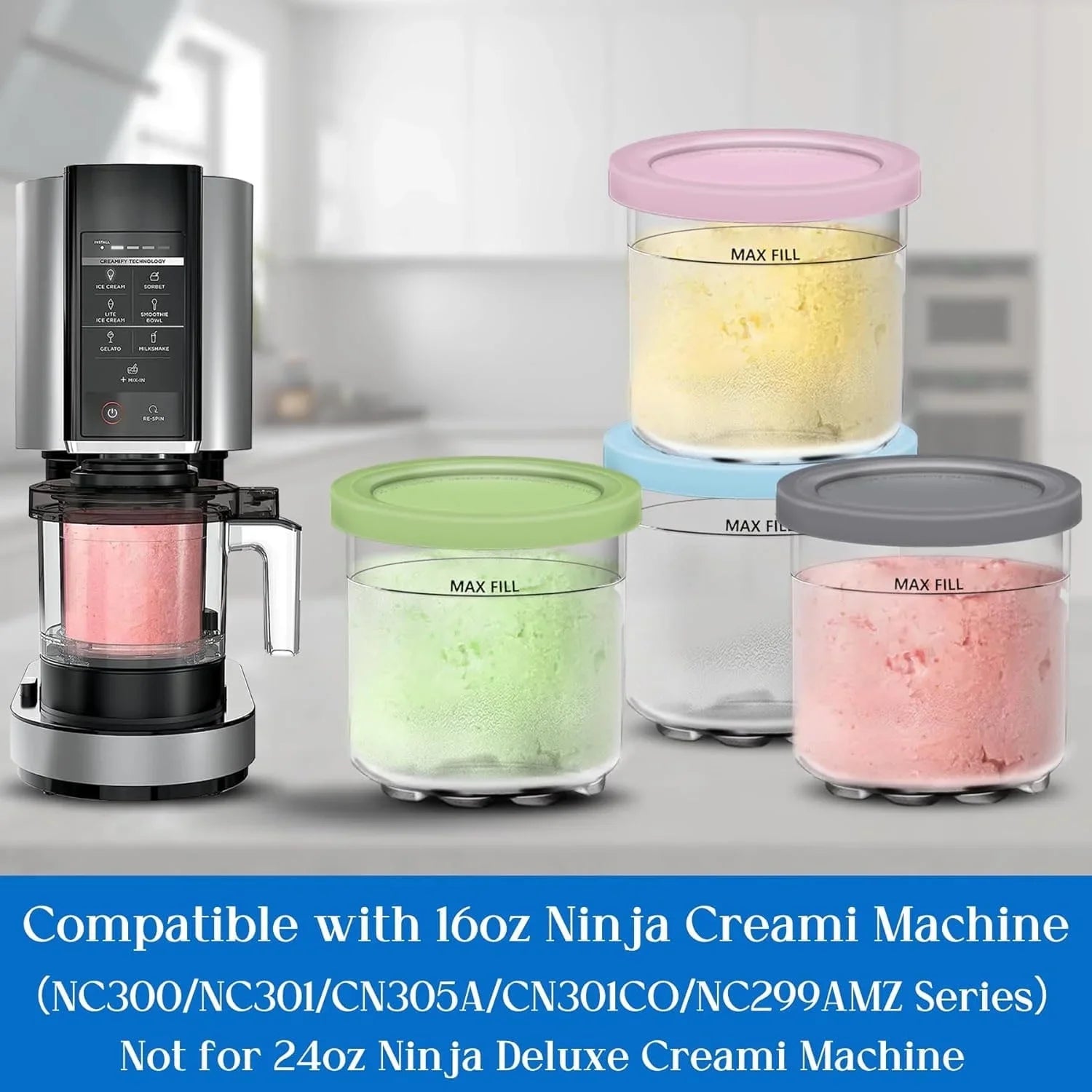 4 Pack,Creami Pints and Lids for Ninja, Creamy Icecream Containers Cups Jars Tubs Canisters Set, Smoothie Pot Compatible with NC299AMZ & NC300s Series Creamer Ice Cream Maker Machine Accessories