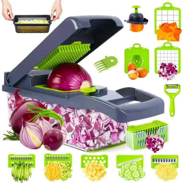 sktome This Vegetable Chopper is perfectly suitable for Busy Housewives helping them to cut their cooking time in half and make Delicious Salads & Vegetable Recipes. Material : BPA Free ABS Plastic + Stainless Steel Blades Color : Grey + Green Dimensions : 12.5"L x 4.5"W x 4.5"H Volume: Colander is 1.5L Package Includes : 1 x Main Body 1 x 14mm dicing blade for Large Grain 1 x 7mm dicing blade for Small Grain 1 x 1.5mm slicing blade 1 x Grating Blade 1 x 3mm Fine Shredding Blade 1 x 4mm Coarse Shredding Blade 1 x 2mm Potato cutting blade 1 x Egg Separator 1 x Container with Lid 1 x Cleaning Brush 1 x Hand guard 1 x Skin-peeler 1 x Blade Container Vegetable Chopper With this 8-blade Chopper, you can choose between 2 blade sizes, large and small, to dice onions, tomatoes, peppers, potatoes, garlic, chili and more! In seconds have everything prepped and ready to make your favorite salsa, stir fry or guacamole. Veggie Chopper Do you love the perfect slice? Well, the 8-blade Slicer lets you choose between 3 different blades to give you that unified slice every time! Garnish your dishes, create thin cucumber slices and onion rings or the ultimate potato chip. Chopper Mandoline No more cuts and grazes when grating your carrots, potatoes and other fruit and vegetables. Use the Safety Food Holder to grate down your ingredients to the last knob. Everything is collected directly into the Food Container to make things even easier. Healthy and Safe This kitchen gadget will alleviate your prep time to just a couple of minutes. Manufactured with top-notch materials like stainless steel blades and non-toxic, food-grade material, has your health in mind. Your fingers will appreciate it as well – no more cuts and no more tears! Easy to Set Up Have the device assembled and ready in no time – simply replace the blades and lock them in place. Whether you are slicing, dicing or grating, this Chopper will save you both time and space, so you won’t miss out on any family time! Easy to Clean & Store This Chopper can be completely disassembled for easy cleaning. Once disassembled, no need to worry about the blades hiding in your drawers – the Chopper includes both Blade Storage and a Cleaning Fork! It is also dishwasher-safe (top rack) - no more hassle of washing and wiping.